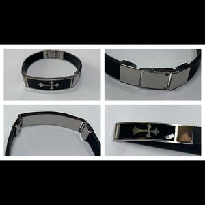 Silver cross with black rubber band mens rock & roll bracelet